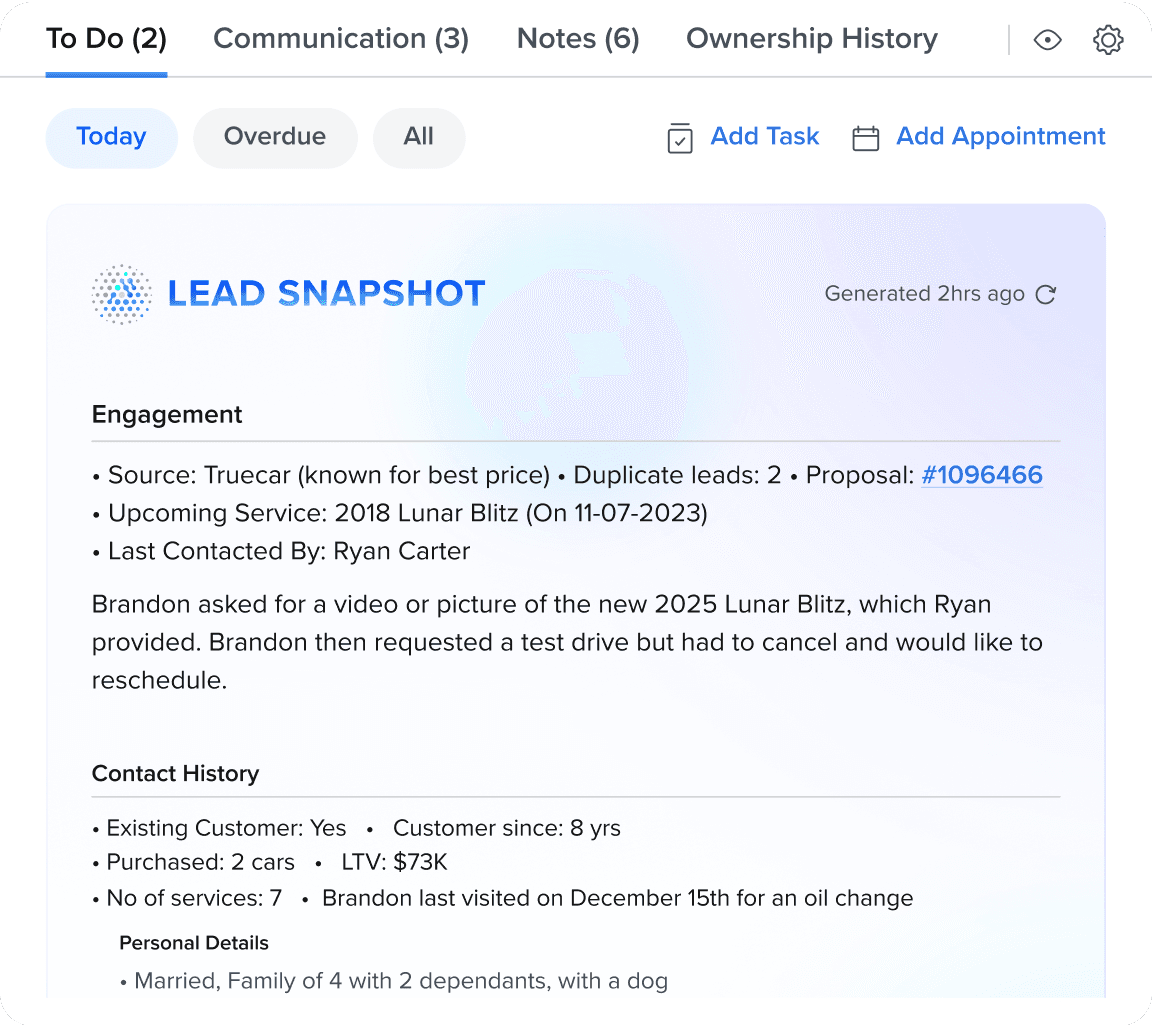 Screenshot of Tekion Automotive Retail Cloud (ARC) lead snapshot, offering dealerships a comprehensive view of customer leads and data