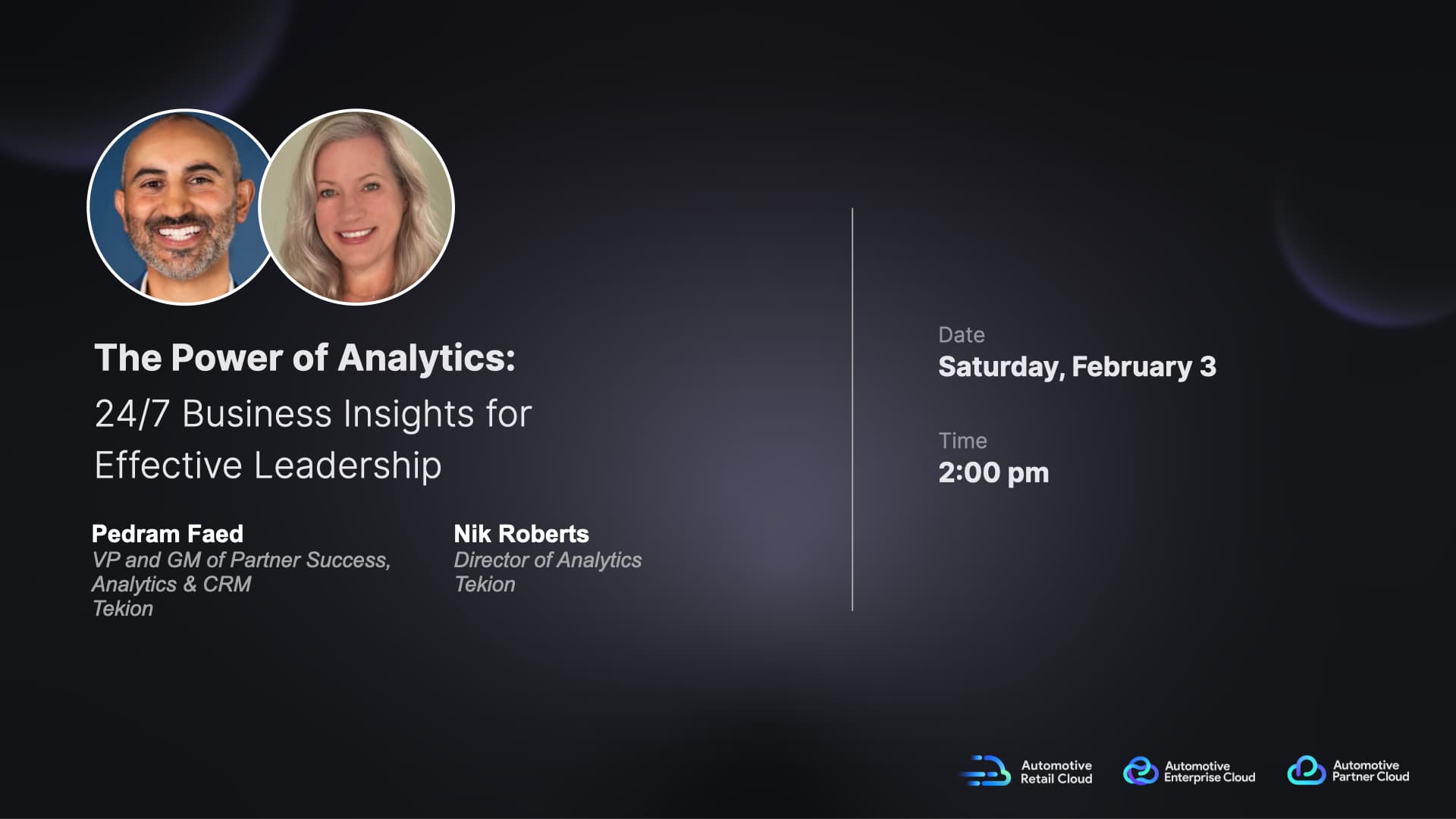 NADA title slide on the power of analytics, offering 24/7 business insights for effective leadership with Tekion’s cloud solutions