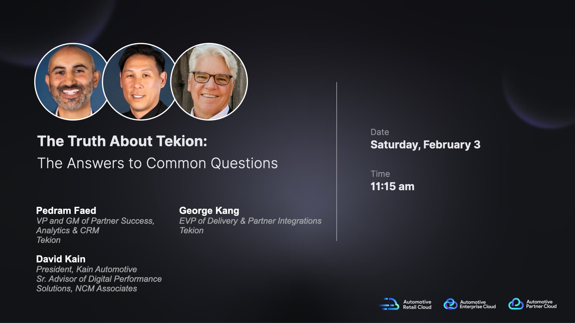 NADA title slide answering common questions about Tekion and its impact on automotive retail with cloud technology