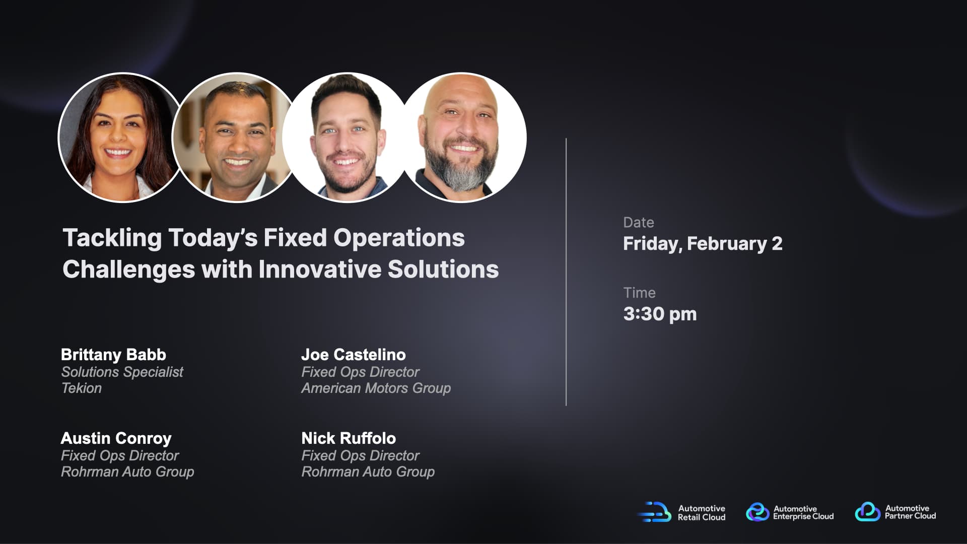 NADA title slide discussing Tekion’s innovative solutions for overcoming fixed operations challenges in automotive retail