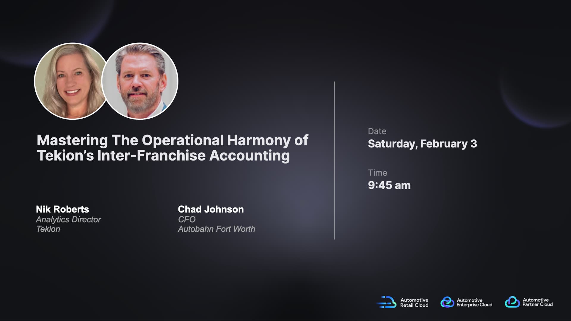 NADA title slide on mastering the operational harmony of Tekion’s inter-franchise accounting for seamless automotive retail management