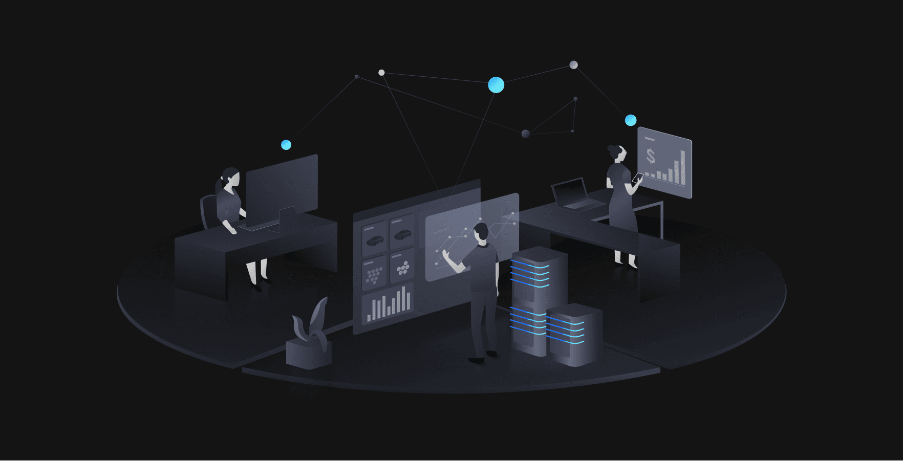 Various devices and platforms connected to a cloud-shaped icon in the center, representing a cloud-based system that provides real-time data and analytics