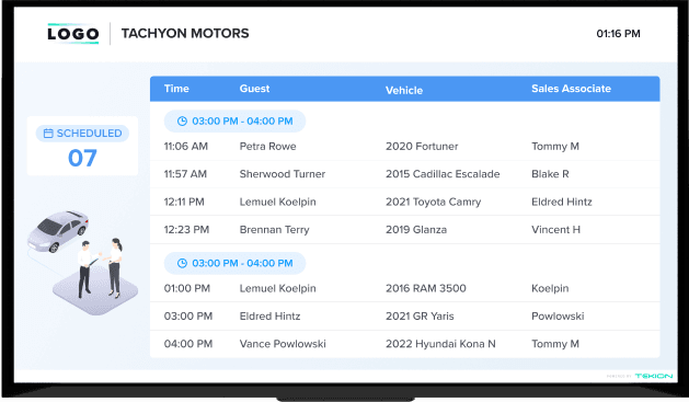 Large screen display showing service appointments, vehicle type, and technician