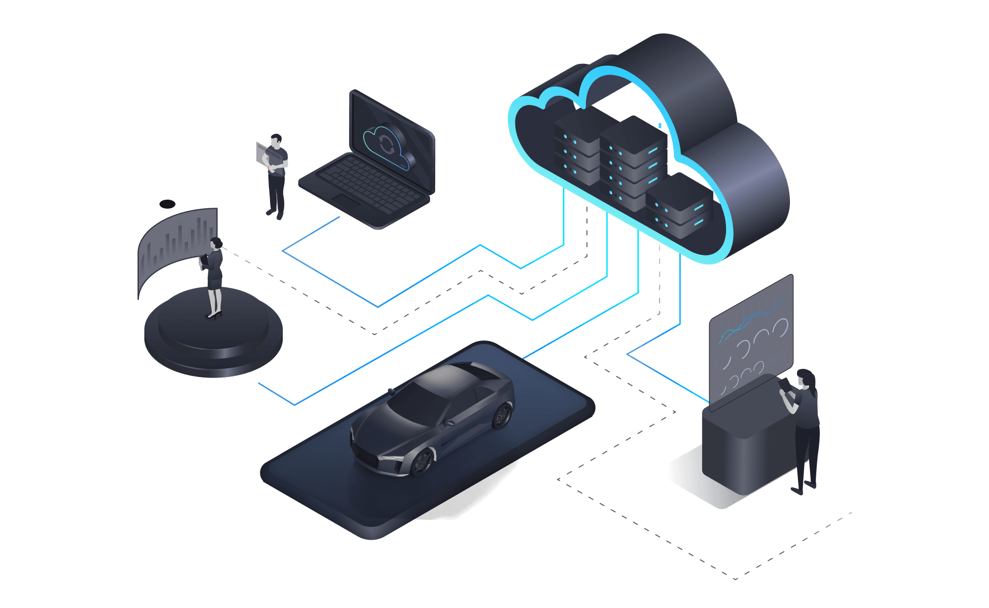 Car dealership service bay with a technician working on a vehicle, surrounded by various technology icons