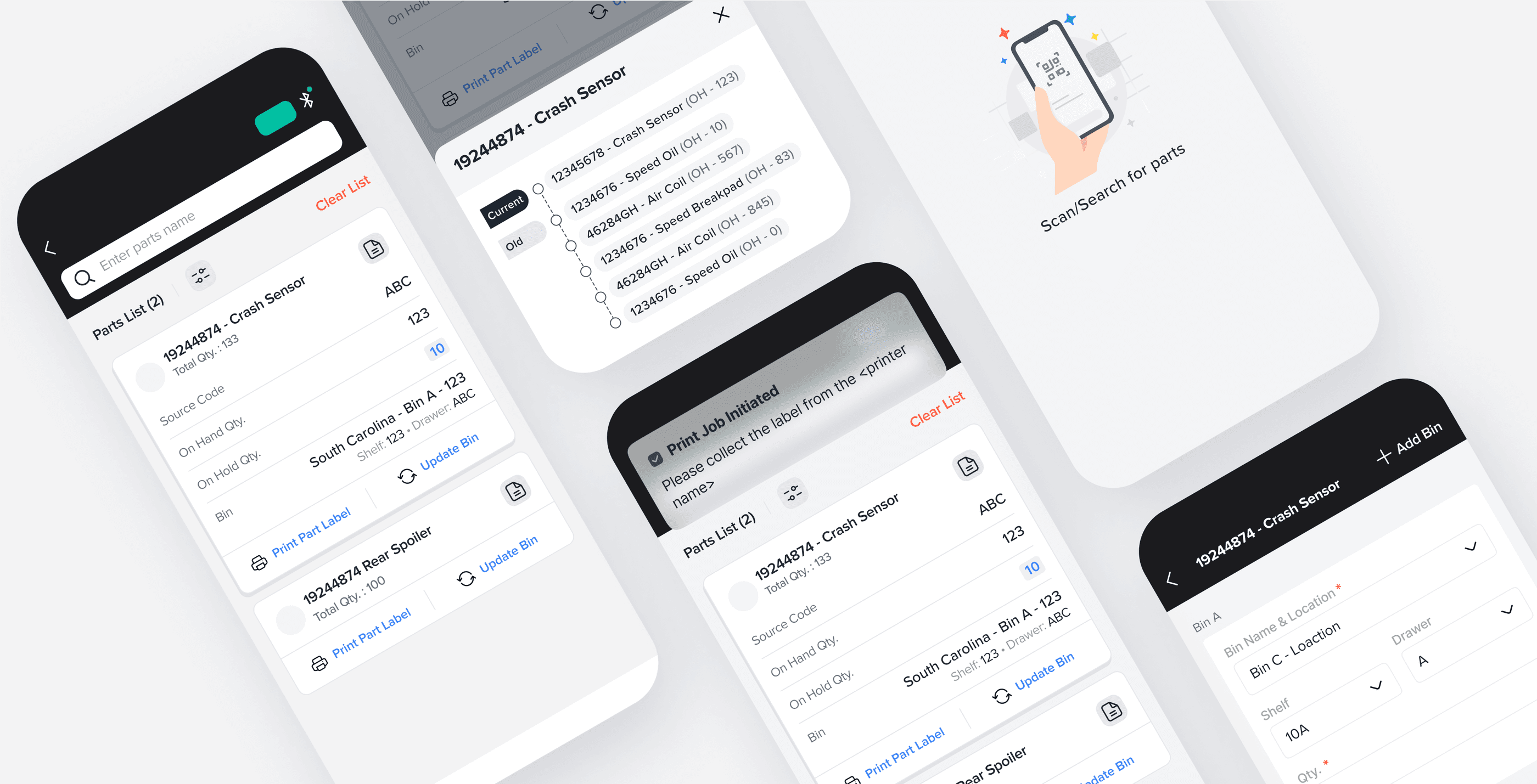 Menu on the left and a list of parts on the right, along with options for searching, filtering, and completing various parts-related tasks