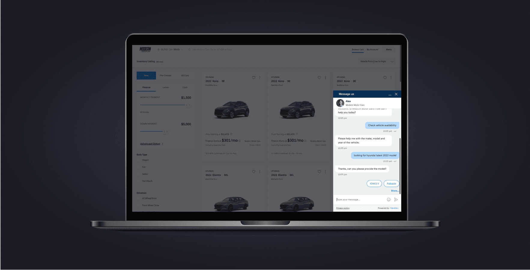 Conversation window displaying a chat between a customer and the chat bot, offering assistance with purchasing a vehicle online