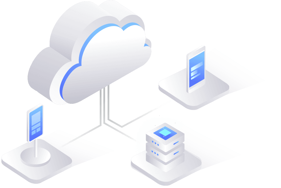 Cloud surrounded by a series of icons representing different devices and platforms